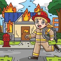 pompiere e un' edificio su fuoco colorato cartone animato vettore