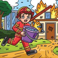 pompiere con acqua secchio colorato cartone animato vettore