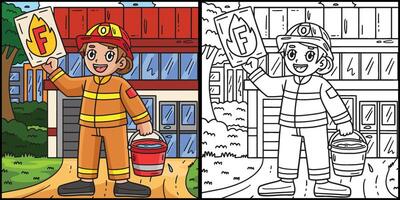 pompiere con lettera f colorazione illustrazione vettore