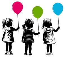 impostato bambino ragazze Tenere Palloncino indietro Visualizza silhouette monocromatico design vettore illustrazione