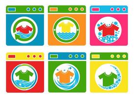 impostato lavanderia lavaggio macchina icona design. camicia acqua onda pulizia servizio logo vettore illustrazione