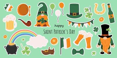 vettore impostato di adesivi per st. Patrick giorno. irlandesi vacanza santo Patrick giorno. collezione con folletti, irlandesi bandiera e birra, trifoglio, pentola di oro e arcobaleno. mano disegnato illustrazione. striscione.