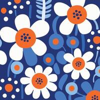 fiori blu e bianca modello tessuto, ispirata alla natura forme, grassetto grafico design elementi, arrotondato forme, grassetto primario colori vettore