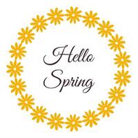 Ciao primavera lettering nel minimalista floreale ghirlanda. mano disegnato telaio con elegante giallo fiori. piatto primavera decorazione elementi per invito carte manifesti con copia spazio. vettore