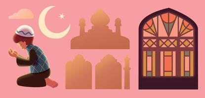 illustrazione di Ramadan preghiere rituale elementi, Compreso musulmano ragazzo preghiere salato, nube, mezzaluna con stella, silhouette di moschea e macchiato finestra isolato su leggero rosa sfondo. vettore