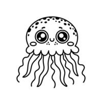 Medusa vettore illustrazione. carino personaggio con tentacoli. un subacqueo animale domestico nuotate nel il oceano. mano disegnato scarabocchio, colorazione pagina per bambini. contento mare animale, etereo pesce. nero e bianca clipart