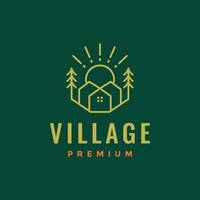 casa villaggio rurale albero foresta sunburst minimalista stile linea semplice logo design vettore icona illustrazione