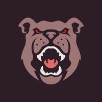 bulldog ritratto ruggito ringhiando arrabbiato portafortuna personaggio cartone animato moderno piatto etichetta logo design vettore icona illustrazione