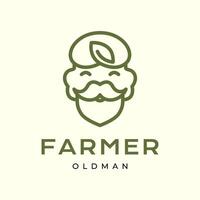 vecchio uomo viso ritratto contadino barbuto baffi Sorridi portafortuna cartone animato personaggio linea stile semplice logo design vettore icona illustrazione