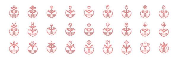 pianta fiori amante cuore collezione botanico moderno linea stile semplice icona impostato logo design vettore illustrazione