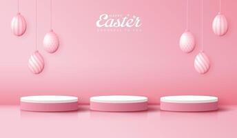 contento Pasqua rosa sfondo e podio Schermo per Prodotto presentazione il branding e confezione presentazione. studio palcoscenico con uova e coniglio sfondo. vettore design.