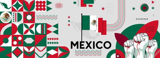 Messico nazionale o indipendenza giorno bandiera per nazione celebrazione. bandiera e carta geografica di Messico con sollevato pugni. moderno retrò design con typorgaphy astratto geometrico icone. vettore illustrazione