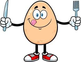Affamato uovo cartone animato portafortuna personaggio leccata il suo labbra e Tenere argenteria. vettore illustrazione isolato su bianca sfondo