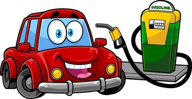 contento carino auto cartone animato personaggio a gas stazione essere pieno con carburante. vettore mano disegnato illustrazione isolato su trasparente sfondo