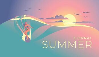 femmina surfer su tramonto onda. un' paesaggio di un' tropicale Paradiso. sera mare di rosa-viola colori. estate gli sport e vacanze. vettore illustrazione
