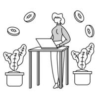 donna è in piedi mentre Lavorando a un' alto tavolo con un' computer portatile, decorato con impianti e monete, scarabocchio cartone animato illustrazione. vettore