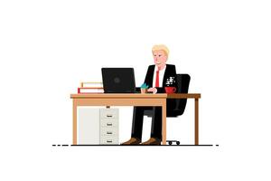 uomo d'affari Lavorando a scrivania con il computer portatile su isolato sfondo, vettore illustrazione.