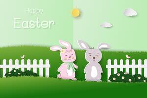 contento Pasqua concetto, carta tagliare e mestiere stile con carino conigli contento nel il giardino vettore