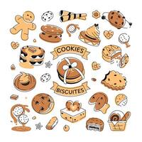 un' scarabocchio stile biscotto vettore raffigurante vario tipi di forno cibo e confetteria elementi