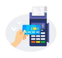 senza contatto pagamento. pagare per pos terminale. umano mano Tenere credito vicino per il pos terminale per pagare. vettore illustrazione