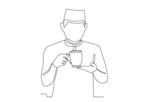 un' uomo pause il suo veloce con un' tazza di caffè vettore