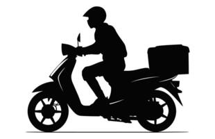 Corriere uomo trasporto pacchetto su motocicletta silhouette, consegna uomini trasportare un' scatola nero vettore