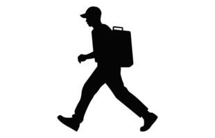 Corriere servizio con pacchetto silhouette isolato su un' bianca sfondo, un' consegna uomo trasporto un' scatola nero vettore