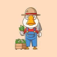carino Oca agricoltori raccogliere frutta e verdure cartone animato animale personaggio portafortuna icona piatto stile illustrazione concetto vettore