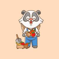 carino panda agricoltori raccogliere frutta e verdure cartone animato animale personaggio portafortuna icona piatto stile illustrazione concetto vettore