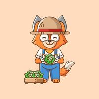 carino Volpe agricoltori raccogliere frutta e verdure cartone animato animale personaggio portafortuna icona piatto stile illustrazione concetto vettore