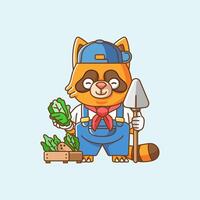 carino procione agricoltori raccogliere frutta e verdure cartone animato animale personaggio portafortuna icona piatto stile illustrazione concetto vettore