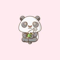 carino panda rilassare con un' tazza di caffè cartone animato animale personaggio portafortuna icona piatto stile illustrazione concetto vettore