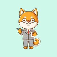 carino shiba inu cane uomo d'affari completo da uomo ufficio lavoratori cartone animato animale personaggio portafortuna icona piatto stile illustrazione concetto vettore