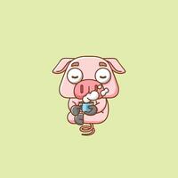 carino maiale rilassare con un' tazza di caffè cartone animato animale personaggio portafortuna icona piatto stile illustrazione concetto vettore