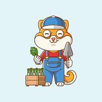 carino shiba inu cane agricoltori raccogliere frutta e verdure cartone animato animale personaggio portafortuna icona piatto stile illustrazione concetto vettore