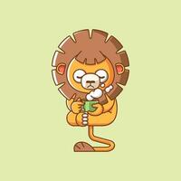 carino Leone rilassare con un' tazza di caffè cartone animato animale personaggio portafortuna icona piatto stile illustrazione concetto vettore