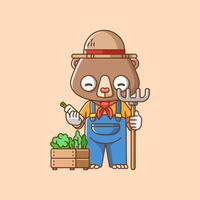 carino orso agricoltori raccogliere frutta e verdure cartone animato animale personaggio portafortuna icona piatto stile illustrazione concetto vettore