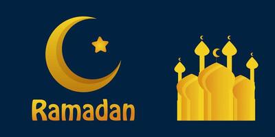 Ramadan. un' cartolina con un' d'oro mezzaluna Luna, un' stella e un' moschea su un' buio sfondo. un' disposizione per un' saluto carta, invito, opuscolo, manifesto o striscione. vettore