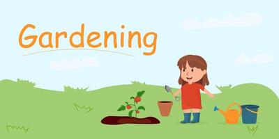 giardiniere ragazza cresce verdure e acque pomodori. agricoltura. vettore illustrazione.