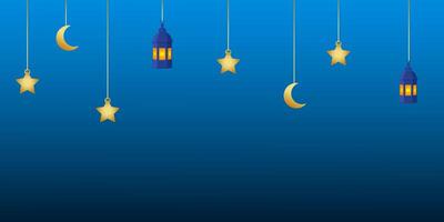 Ramadan kareem orizzontale modello con oro umore e stelle, lanterna su blu sfondo. vettore illustrazione.