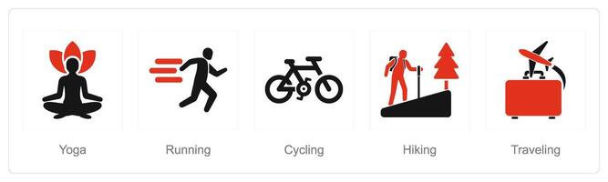 un' impostato di 5 passatempo icone come yoga, in esecuzione, Ciclismo vettore