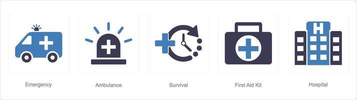 un' impostato di 5 emergenza icone come emergenza, ambulanza, sopravvivenza vettore