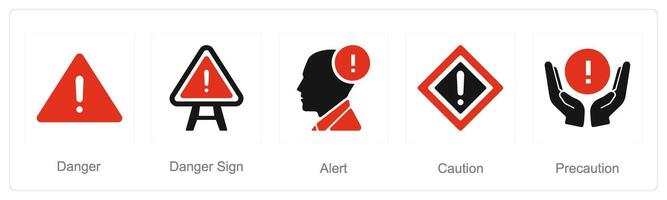 un' impostato di 5 rischio Pericolo icone come Pericolo, Pericolo cartello, mettere in guardia vettore