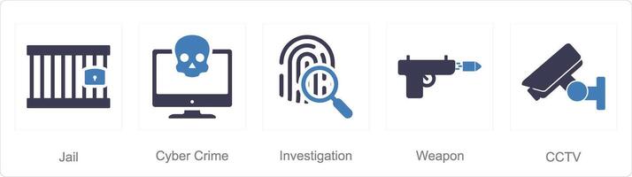 un' impostato di 5 giustizia icone come prigione, informatica crimine, indagine vettore