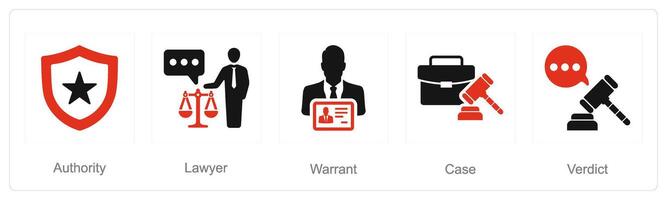 un' impostato di 5 giustizia icone come autorità, avvocato, mandato vettore