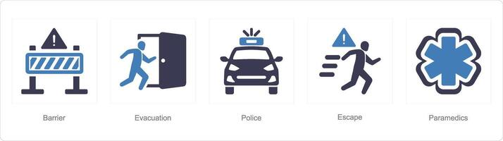 un' impostato di 5 emergenza icone come barriera, evacuazione, polizia vettore