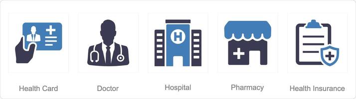 un' impostato di 5 Salute verifica icone come Salute carta, medico, ospedale vettore