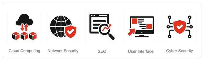 un' impostato di 5 difficile abilità icone come nube informatica, Rete sicurezza, SEO vettore