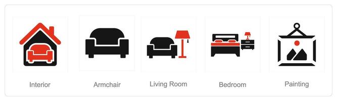 un' impostato di 5 casa interno icone come interno, poltrona, vivente camera vettore
