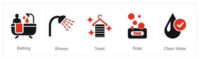 un' impostato di 5 igiene icone come fare il bagno, doccia, asciugamano vettore